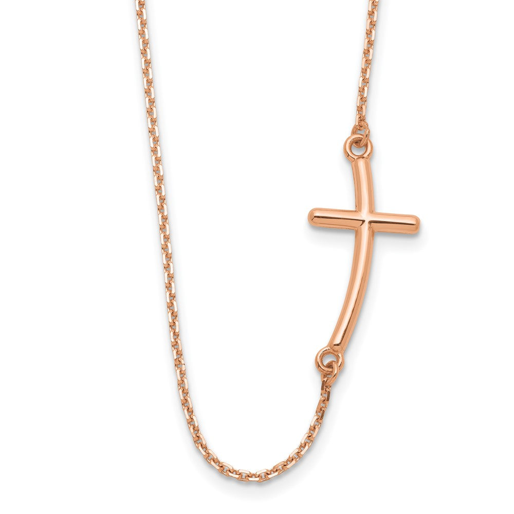 14k Rose Gold Polished Large Sideways Curved Cross 19 inch Necklace, 19 x 23 mm