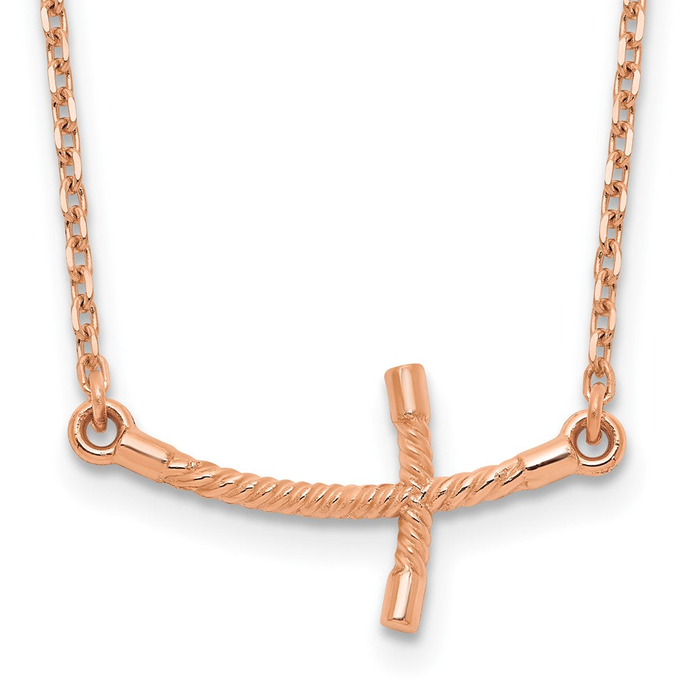 14k Rose Gold Small Sideways Curved Twist Cross Necklace, 19 x 1 mm