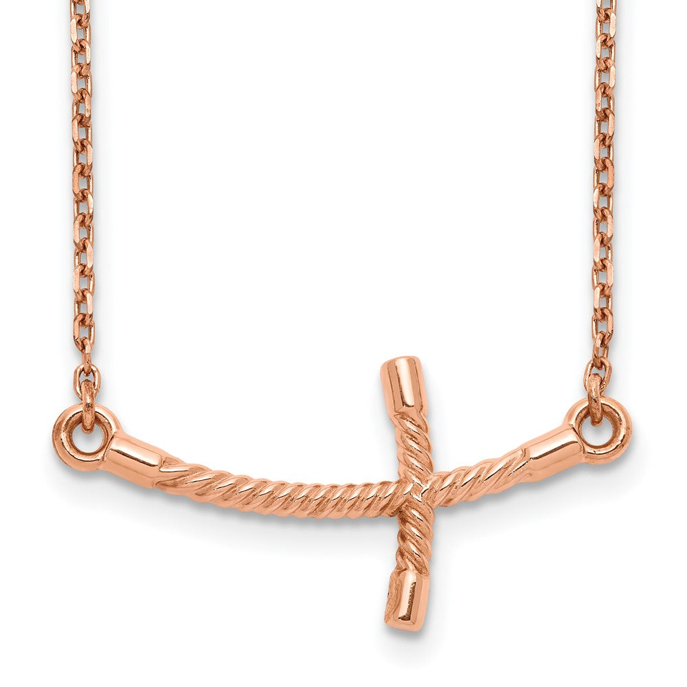 14k Rose Gold Large Sideways Curved Twist Cross Necklace, 19 x 1 mm
