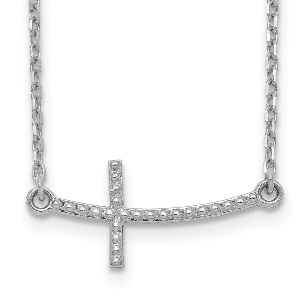 14k White Gold Curved Textured Sideways Cross 19 inch Necklace, 19 x 23 mm