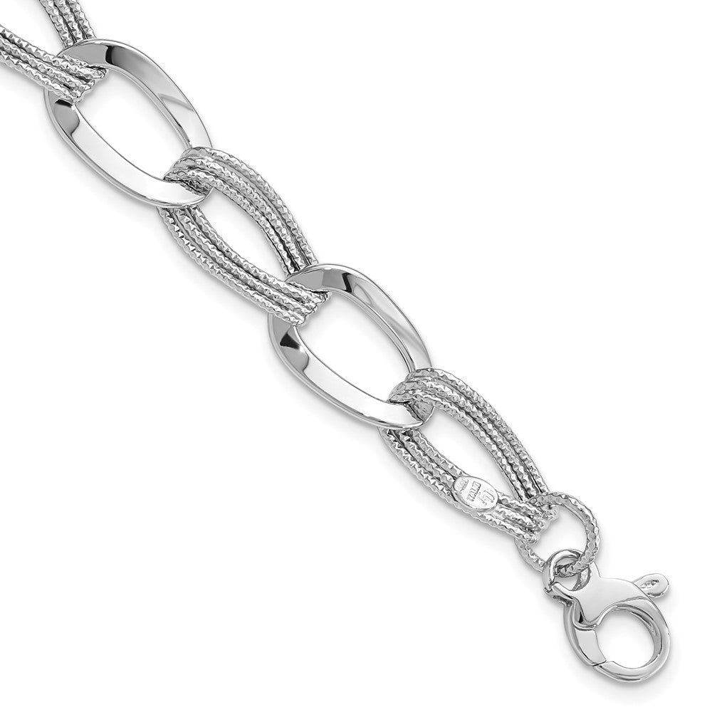 14k White Gold Polished and Textured 11mm Fancy Link 8 inch Bracelet, 8 x 11 mm