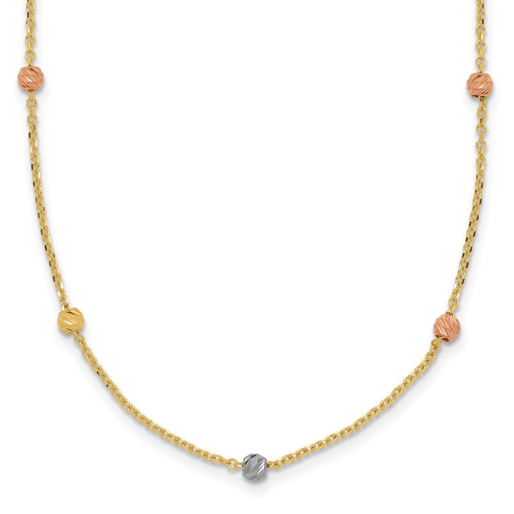 14k Tri-color Polished Diamond-cut Beads 18 inch Station Necklace, 18 x 3 mm