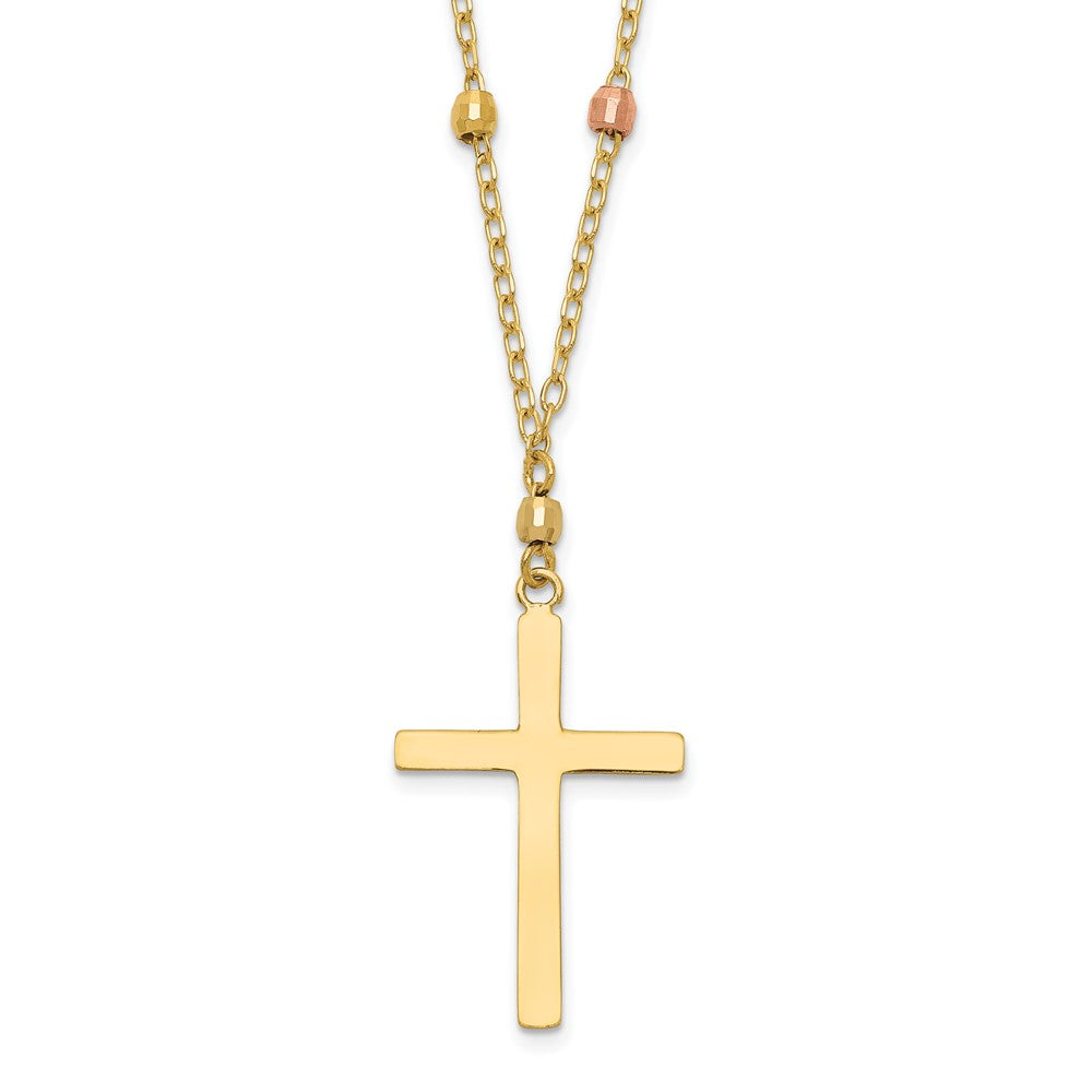 14K Tri-color Mirror Beaded Chain with Polished Cross Pendant 18 inch Necklace, 17 x 12 mm