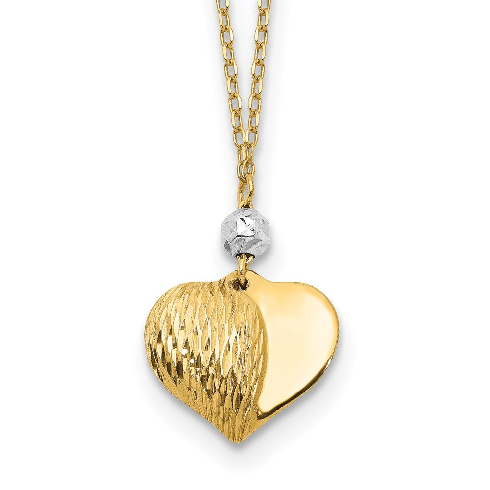 14K Two Tone Polished Diamond-cut Puffed Heart and Bead Pendant 18 inch Necklace, 14.61 x 12 mm