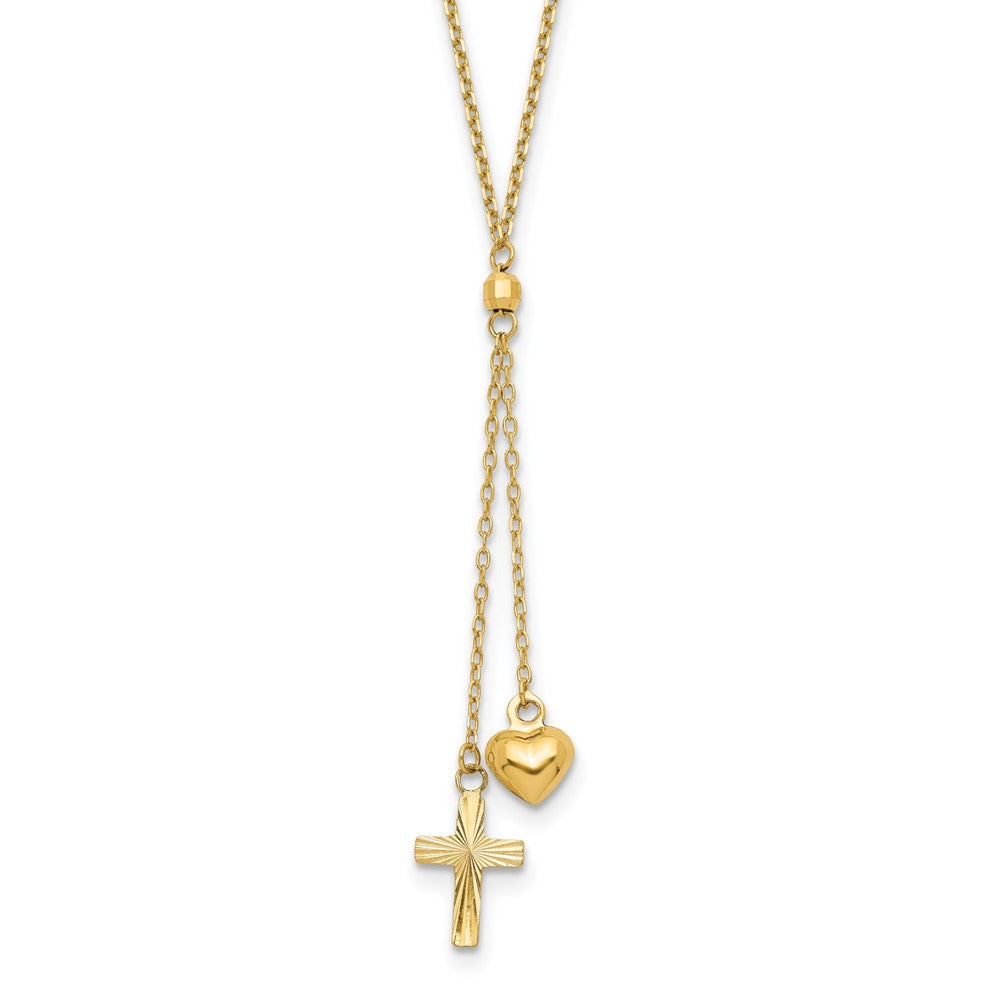 14K Puffed Heart and Diamond-cut Cross 16 inch Y-Necklace Plus 2 inch Extender, 16 x 8 mm