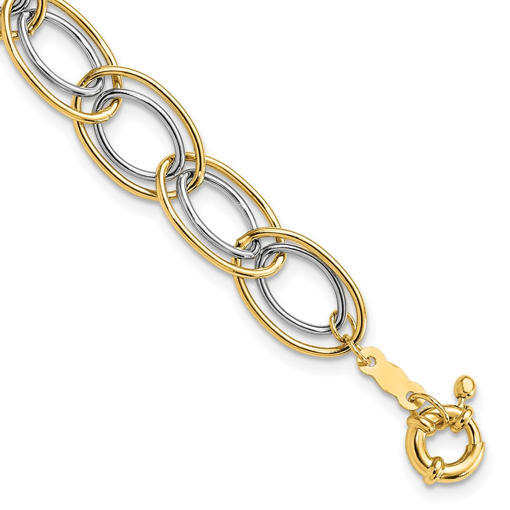 14k Two-tone 11mm Fancy Oval Link 7.5 inch Bracelet, 7.5 x 11 mm