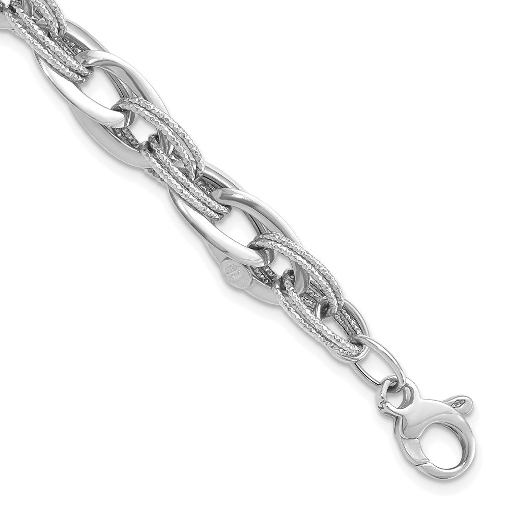 14k White Gold Polished and Textured Fancy Link 8in Bracelet, 8 x 8.2 mm