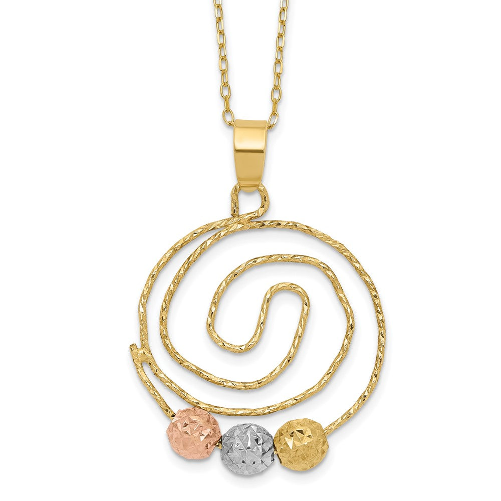 14k Tri-color Diamond-cut Beads on Spiral Pendant 18 inch Necklace, 18 x 20 mm