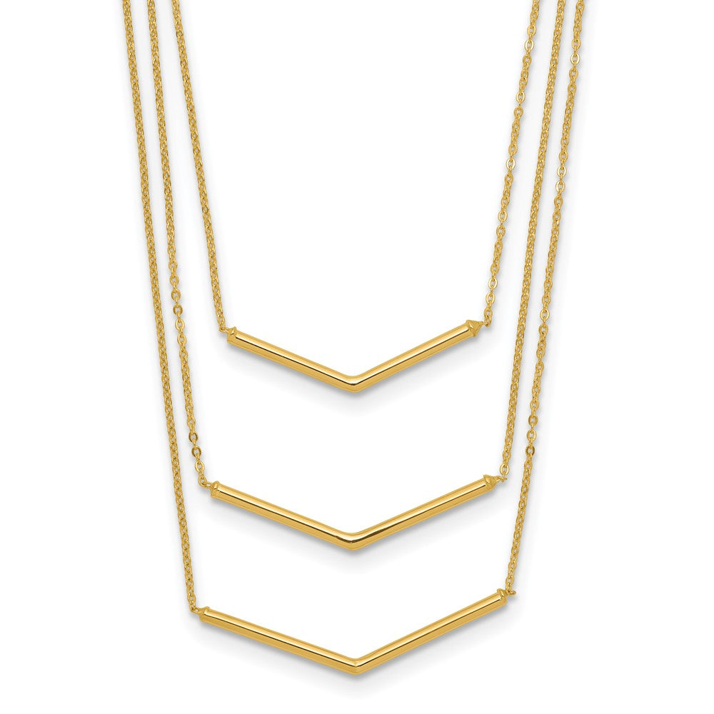 14k Polished Chevron Bar 3-Strand Bib 16 inch Necklace Plus 2 inch Extender, 18 x 0.5 mm