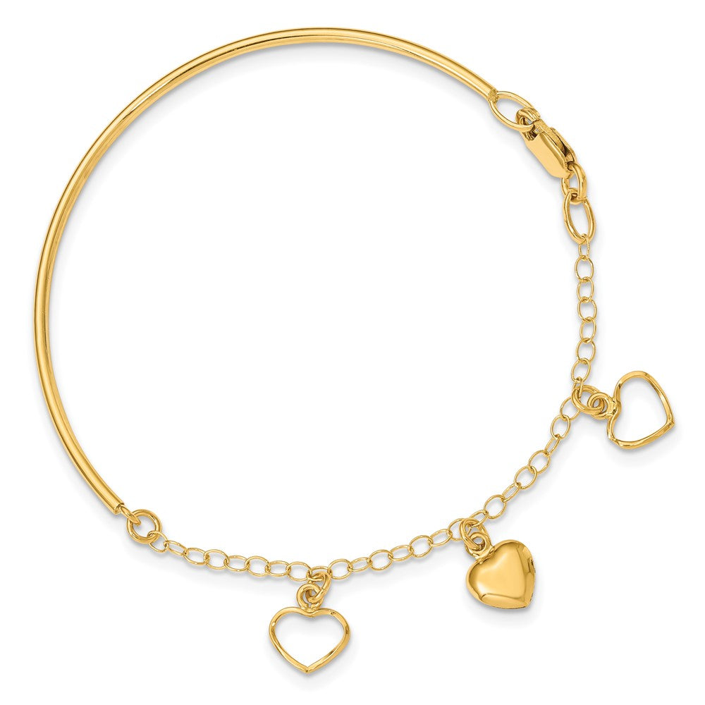 14k Polished Dangle Heart Chain Half Bangle 7 inch Bracelet, 7 x 2 mm