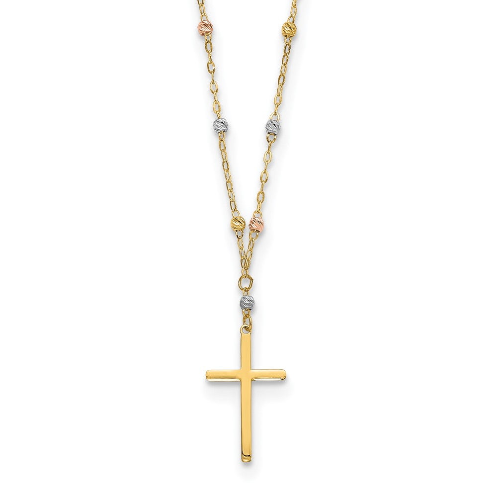 14k Tri-color Diamond-cut Beaded Chain with Polished Cross Pendant 17 inch Necklace, 17 x 0.9 mm
