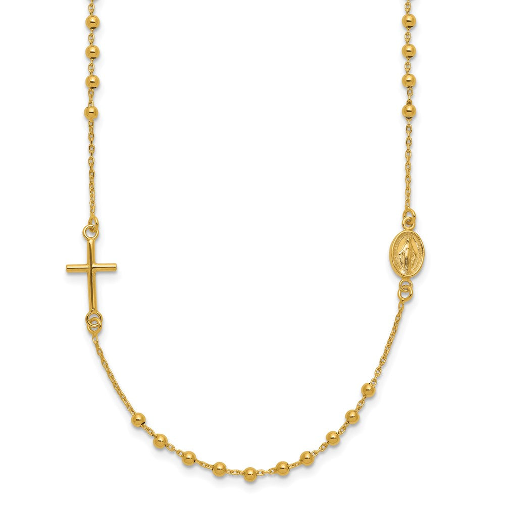 14k Polished Cross and Miraculous Medal Beaded Rosary Design 16 inch Necklace, 16 x 7.9 mm