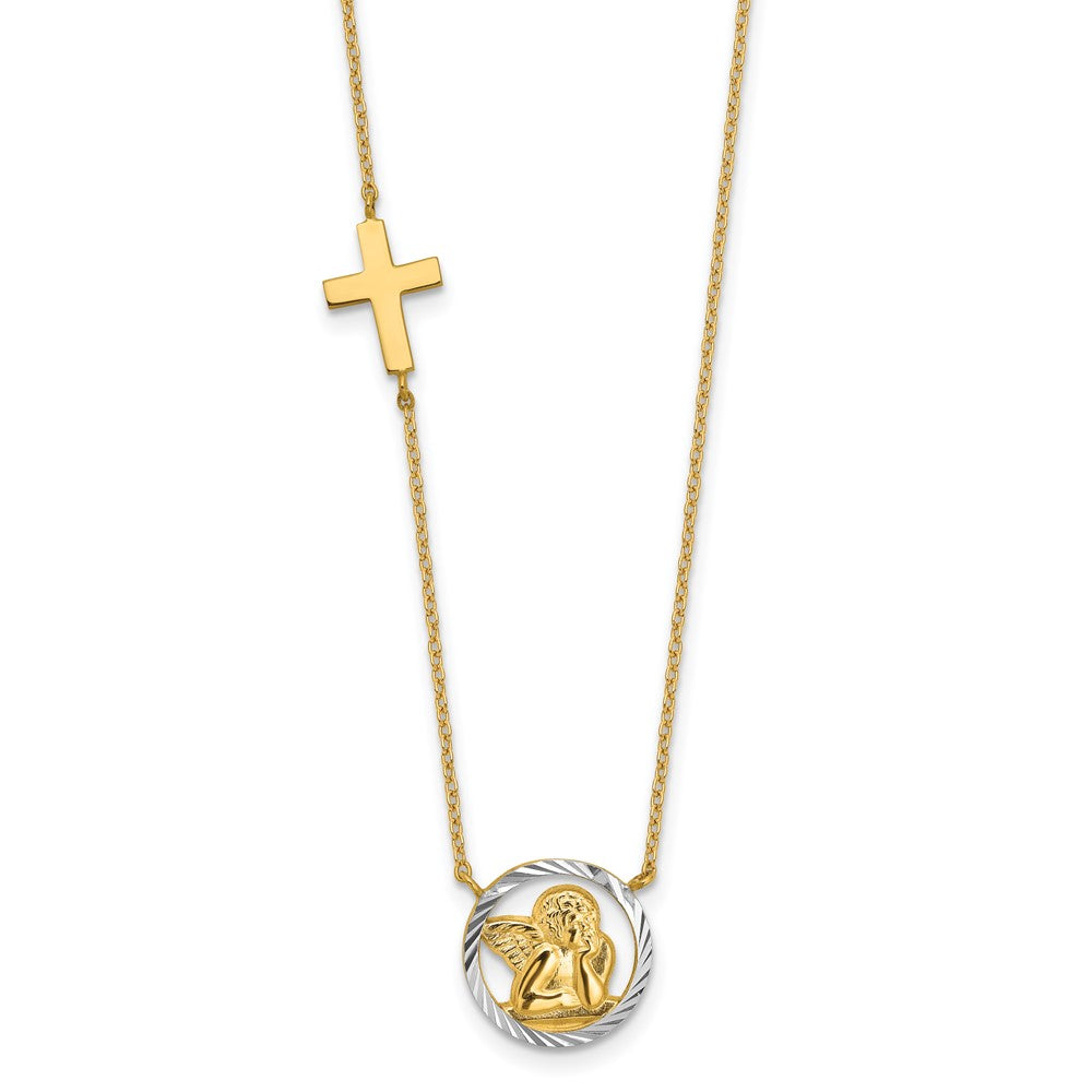 14k and White Rhodium Diamond-cut Angel and Cross 17 inch Necklace, 17 x 0.8 mm