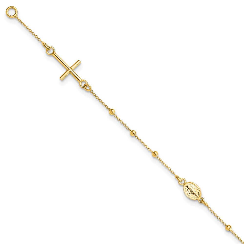 14k Polished Cross and Miraculous Medal Beaded 7.5 inch Rosary Bracelet, 7.5 x 8 mm