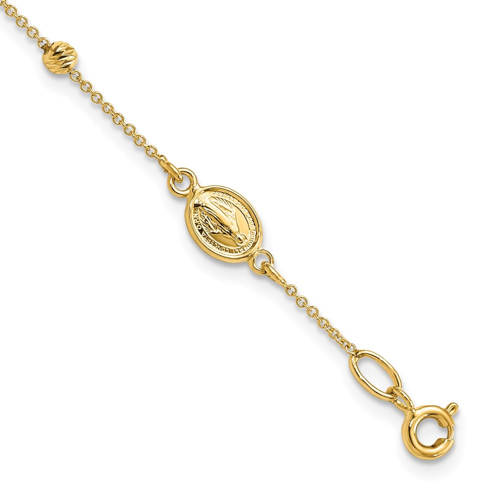 14k Polished Cross and Miraculous Medal with Diamond-cut Beads 6 inch Childs Rosary Bracelet with 0.75 inch Extender, 6 x 6.3 mm