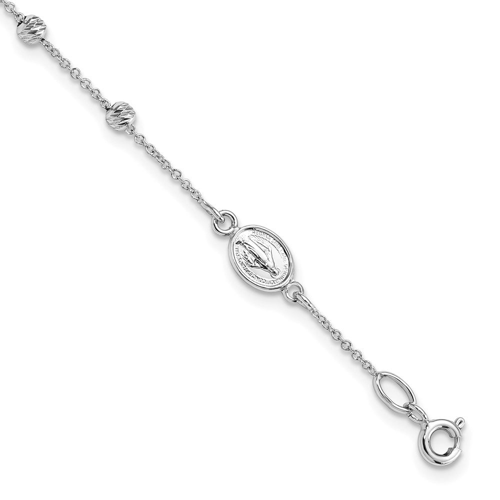14k White Gold Polished Cross and Miraculous Medal with Diamond-cut Beads 6 inch Childs Rosary Bracelet with 0.75 inch Extender, 6 x 6.3 mm