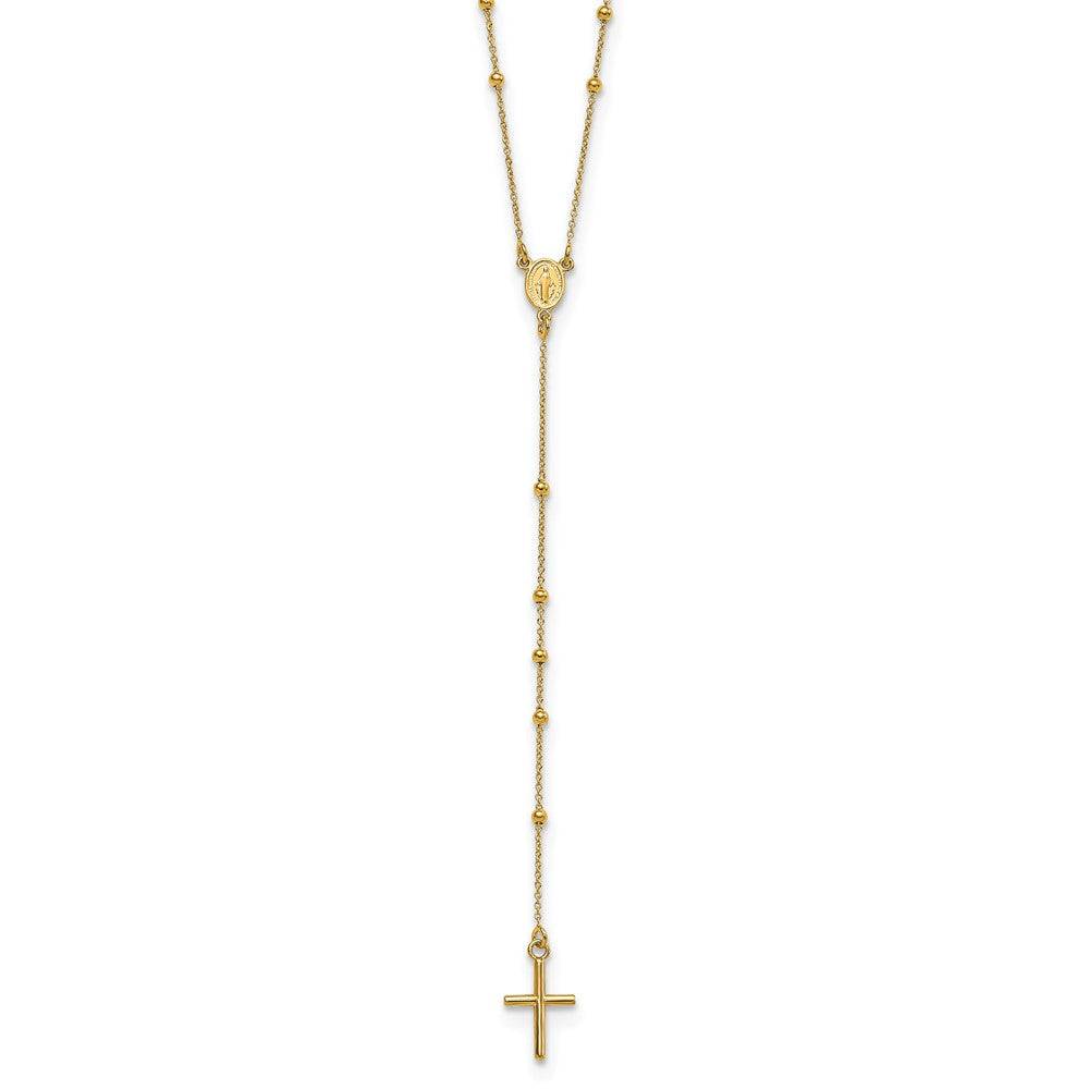 14k Polished Cross and Miraculous Medal Beaded 24 inch Rosary Necklace, 24 x 8 mm