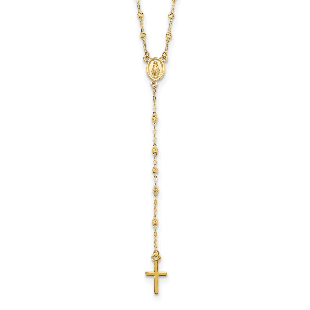 14k Polished Cross and Miraculous Medal with Diamond-cut Beads 17 inch Rosary Necklace Plus 3 inch Extender, 20 x 7.1 mm