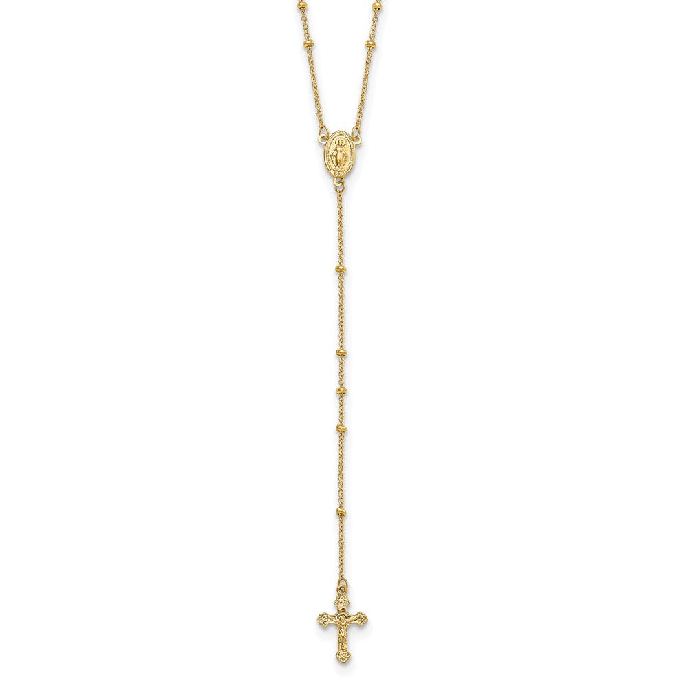 14k Polished Crucifix and Miraculous Medal 2mm Beaded 19.5 inch Rosary Necklace, 19.5 x 1 mm