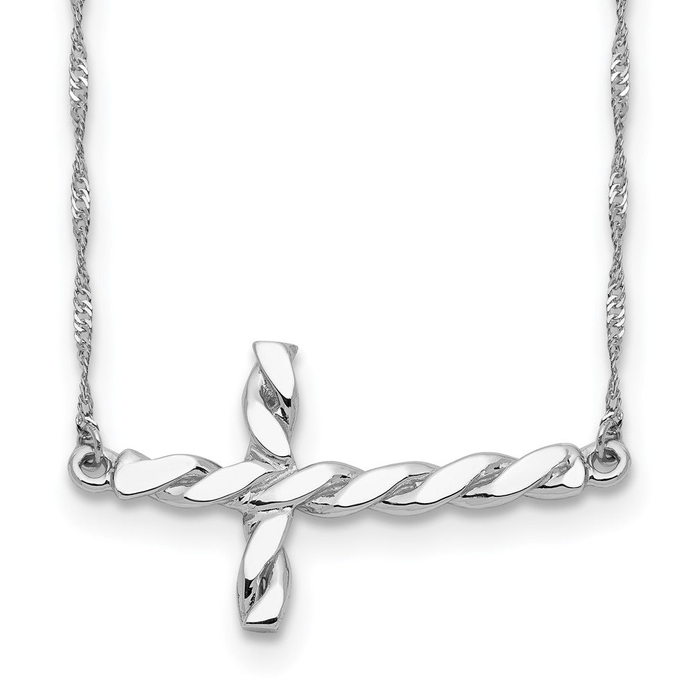 14k White Gold Polished Twisted Sideways Cross 17 inch Necklace, 17 x 25.4 mm