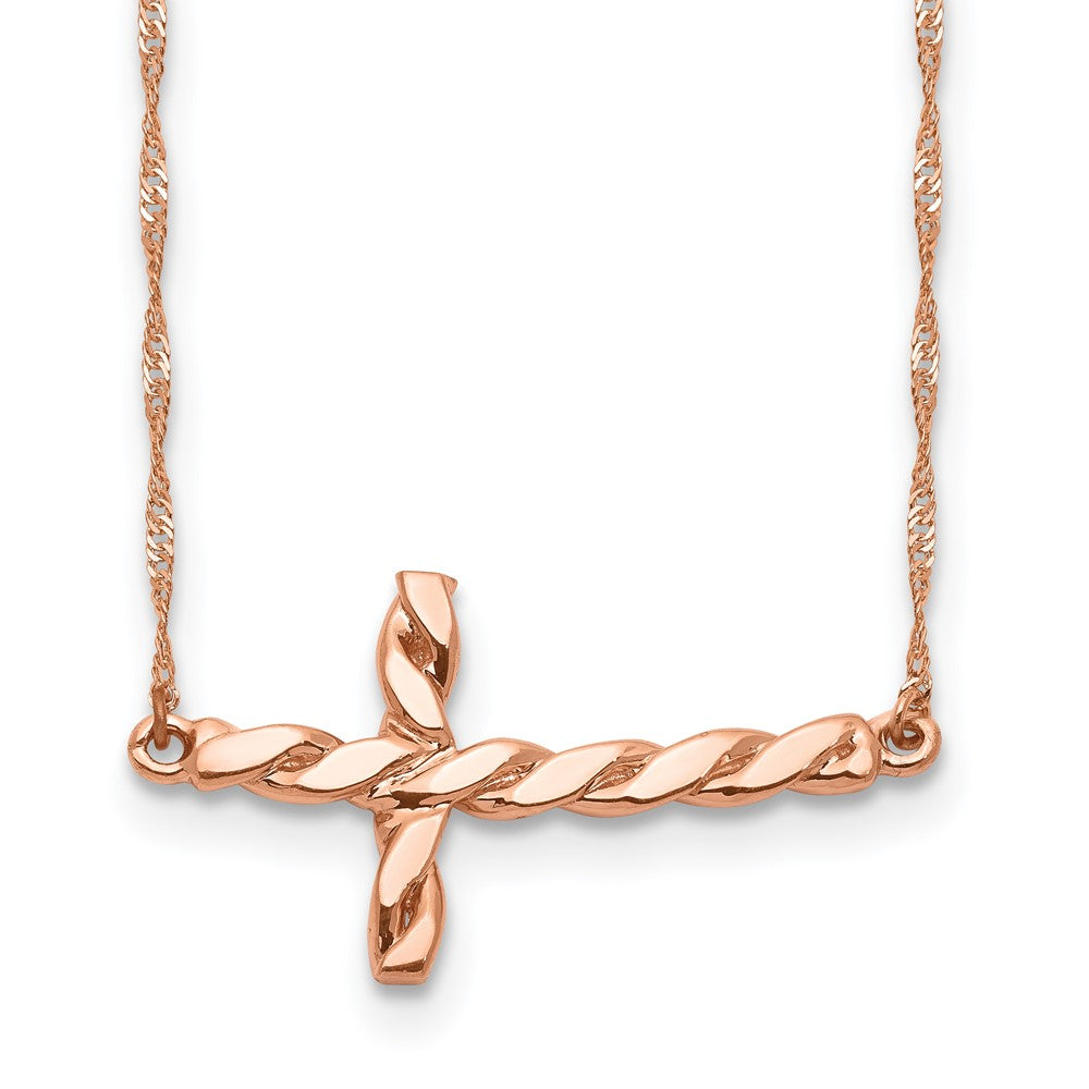 14k Rose Gold Polished Twisted Sideways Cross 17 inch Necklace, 17 x 25.4 mm