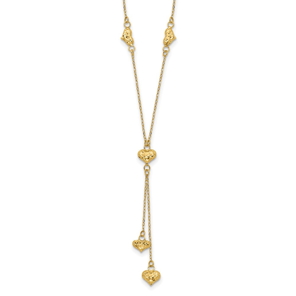 14k Polished Diamond-cut Puffed Hearts 16 inch Lariat Necklace Plus 2 inch Extender, 18 x 0.5 mm