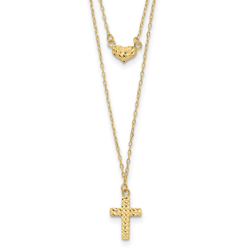 14k Polished 2-Strand Diamond-cut Cross and Heart 16 inch Necklace Plus 2 inch Extender, 18 x 7.6 mm