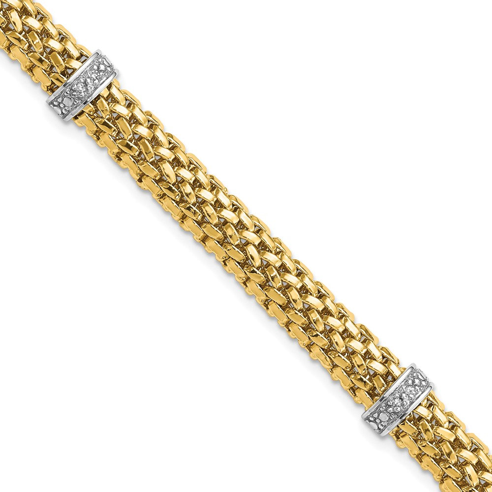 14k Two-Tone Polished Complete .05ct Diamond and Mesh 7.25 inch Bracelet, 0.05 ct, 7.25 x 7.45 mm