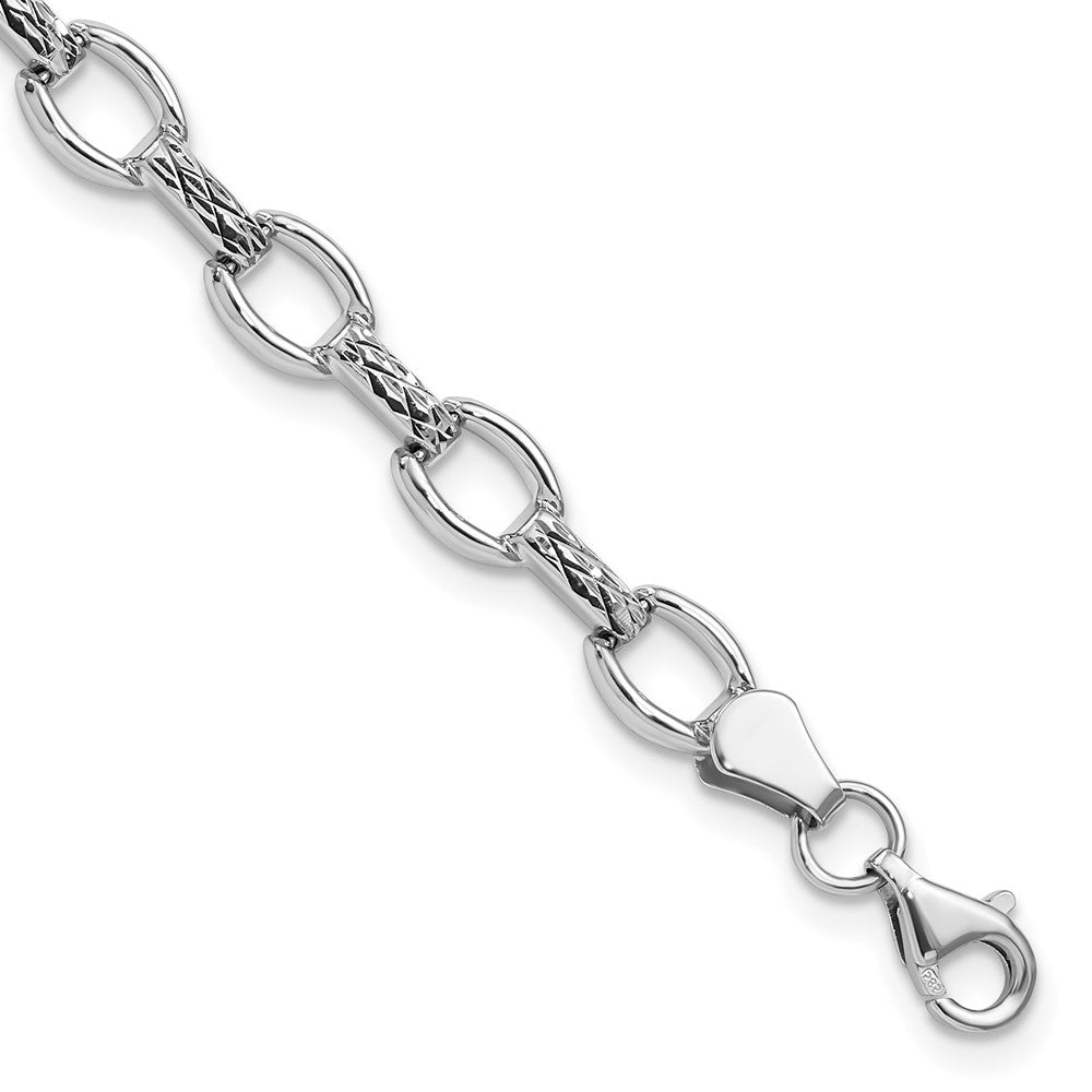 14k White Gold Polished Diamond-cut 7mm Fancy Link 7 inch Bracelet, 7 x 6 mm