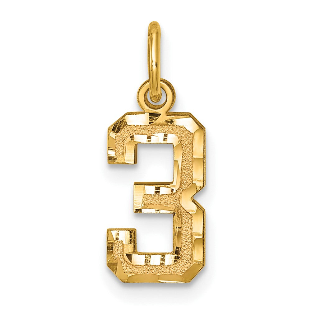 14k Small Brushed Diamond-cut Number 3 Charm, 15.57 x 7.97 mm