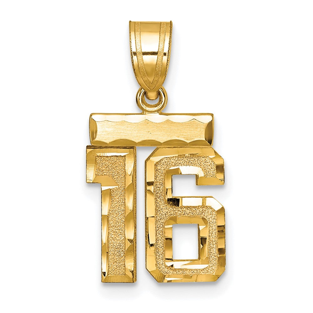 14k Small Brushed Diamond-cut Number 16 Charm, 18.67 x 14.67 mm