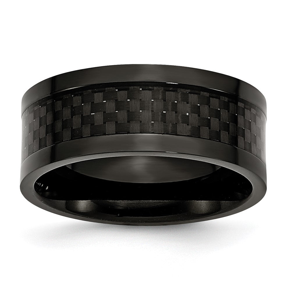 Stainless Steel Polished 9mm Black IP-plated w/Carbon Fiber Inlay Band, Size 12, 9 mm