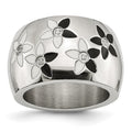 Stainless Steel Black & White Enamel Flowers w/CZ Ring, Size 6