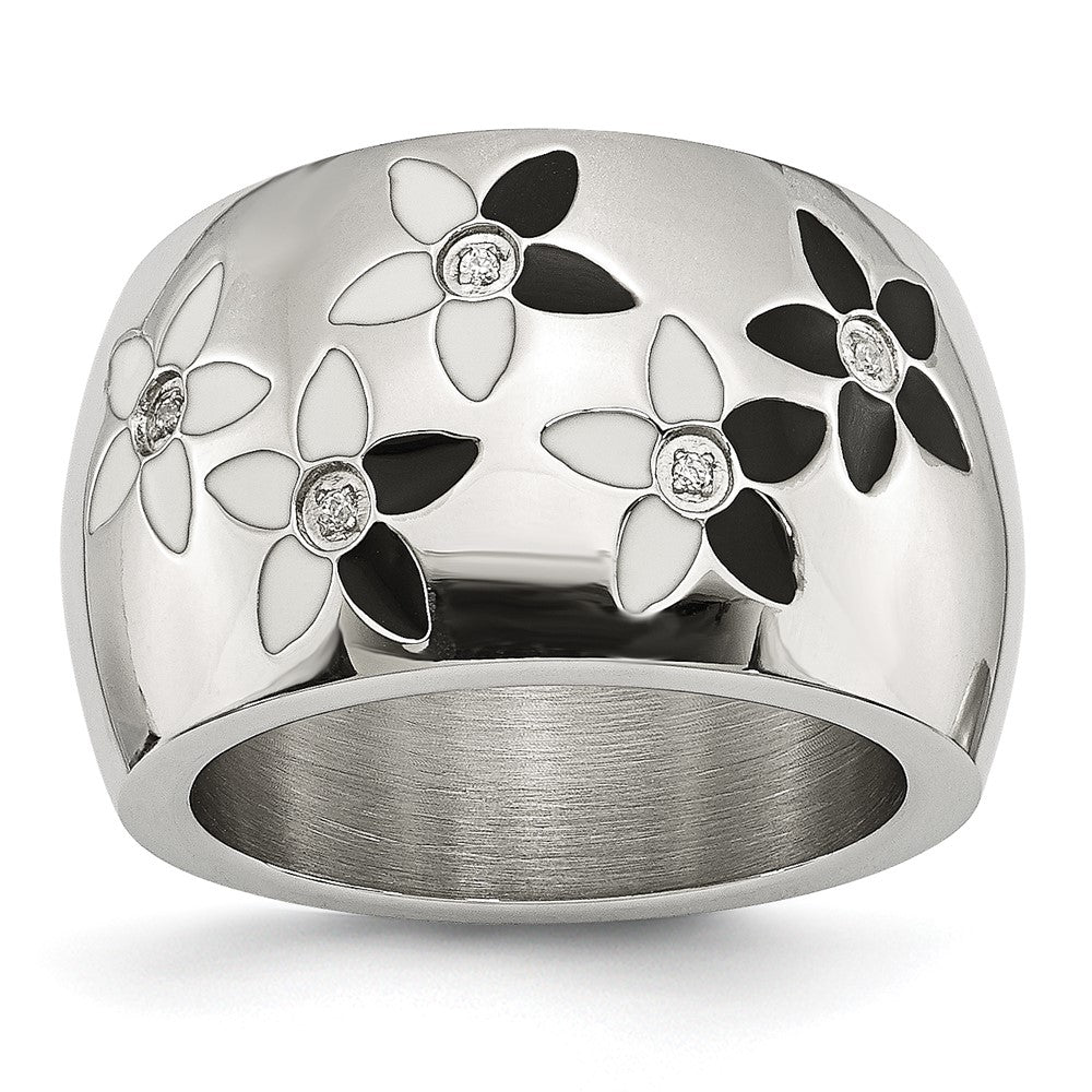 Stainless Steel Black & White Enamel Flowers w/CZ Ring, Size 6