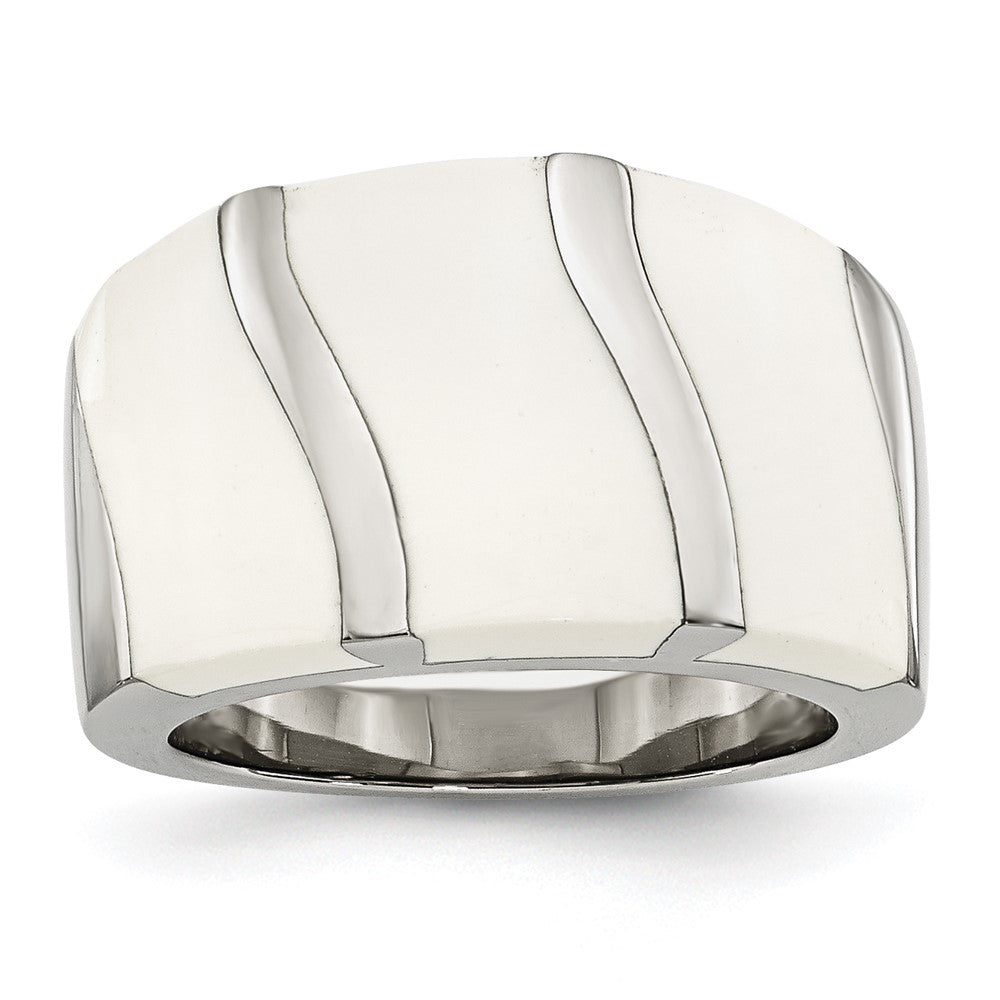 Stainless Steel White Enamel Ring, Size 6