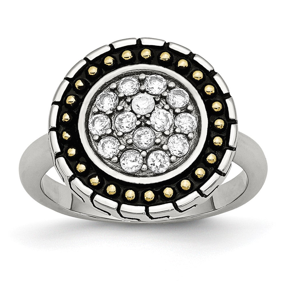 Stainless Steel CZ with Yellow IP-plated Accent Antiqued Ring, Size 9