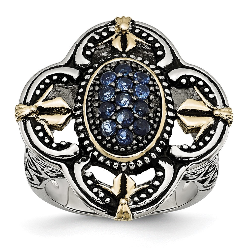 Stainless Steel Blue Glass with Yellow IP-plated Accent Antiqued Ring, Size 9