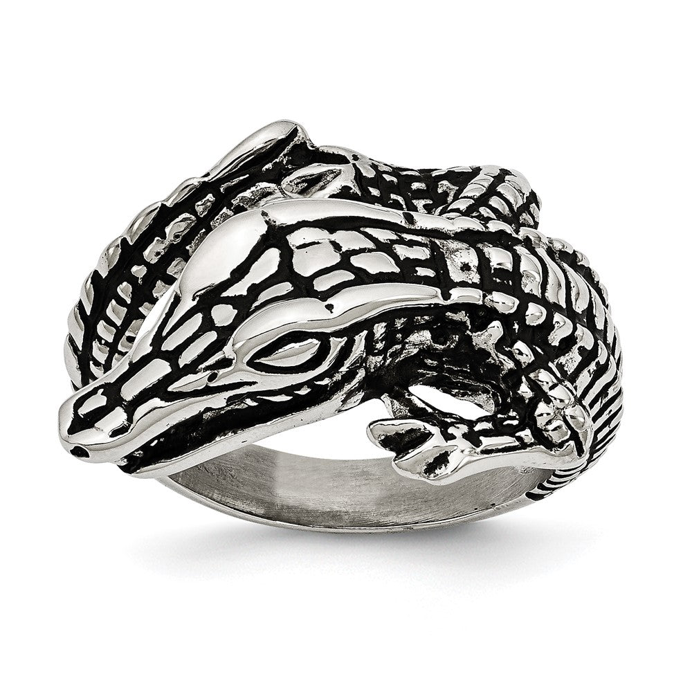 Stainless Steel Antiqued Alligator Ring, Size 8