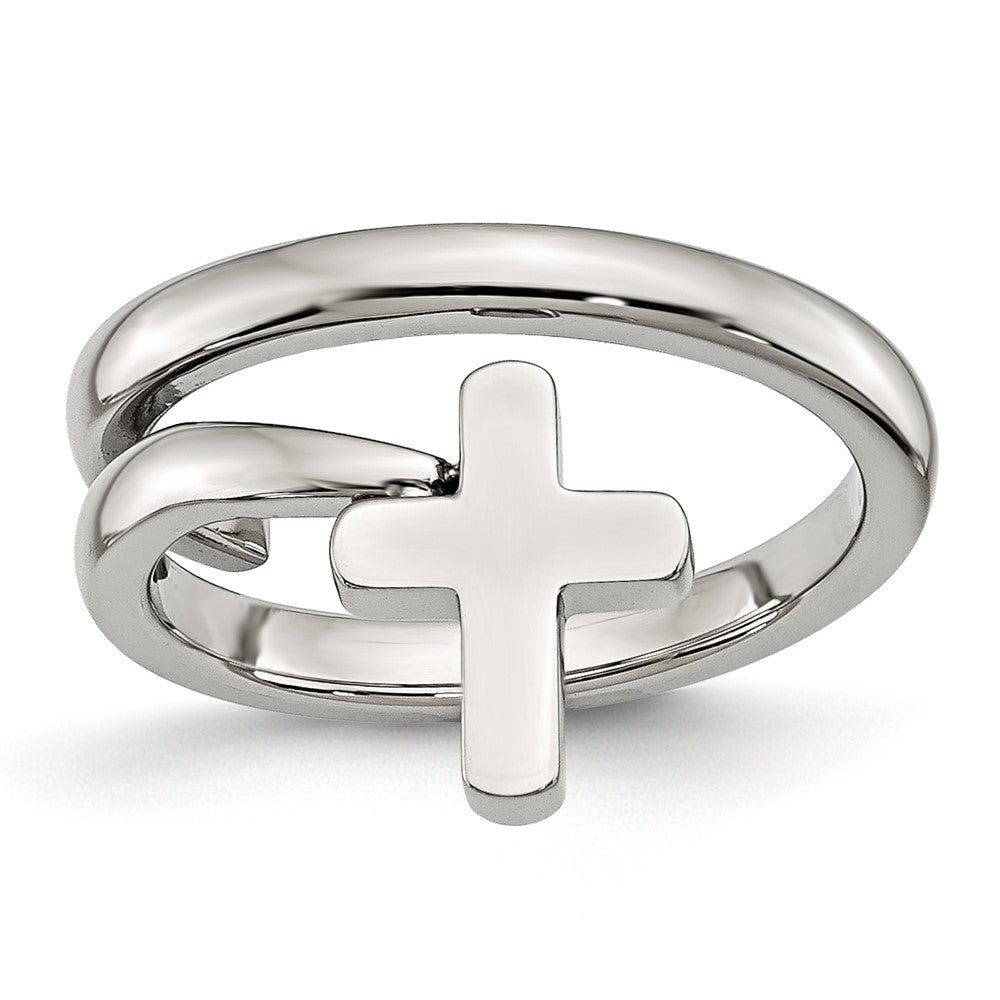 Stainless Steel Polished Twisted Cross Ring, Size 6