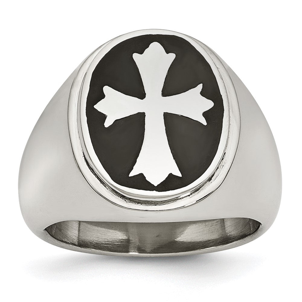 Chisel Stainless Steel Polished Black Enameled Cross Ring, Size 9