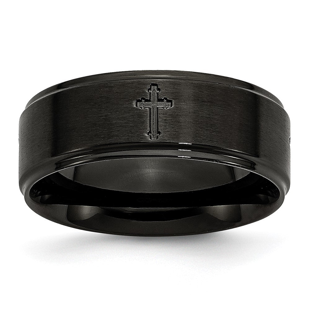 Stainless Steel Brushed/Polished Black IP-plated Cross 8mm Band, Size 7.5, 8 mm