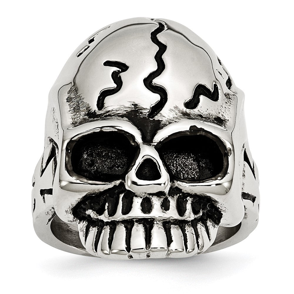 Stainless Steel Antiqued and Polished Skull Ring, Size 12