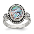 Chisel Stainless Steel Antiqued and Polished Imitation Abalone and CZ Ring, Size 6