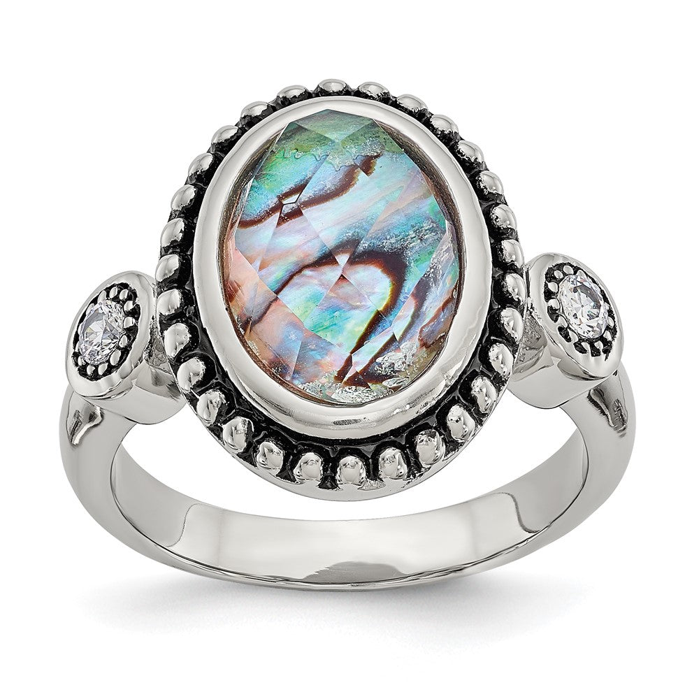 Chisel Stainless Steel Antiqued and Polished Imitation Abalone and CZ Ring, Size 6