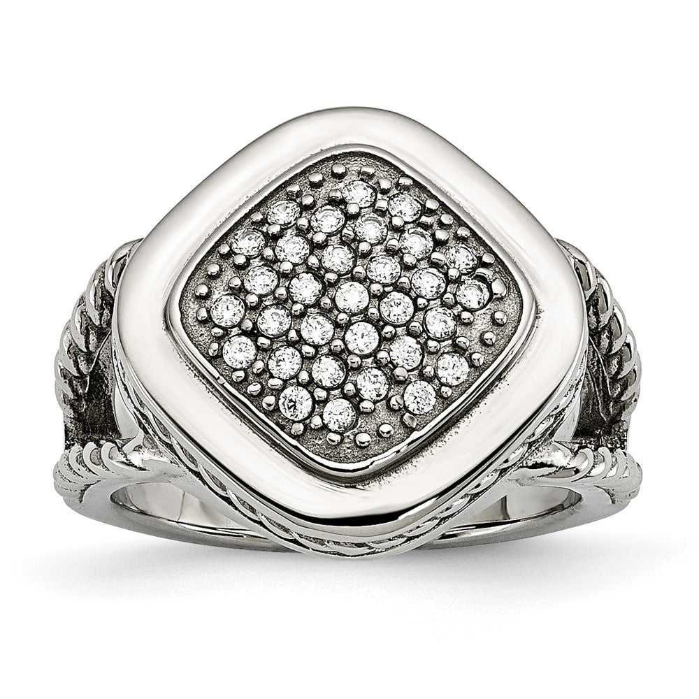 Stainless Steel Polished CZ Square Ring, Size 6