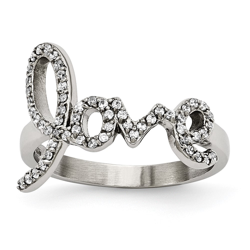 Stainless Steel Polished Love with CZs Ring, Size 6