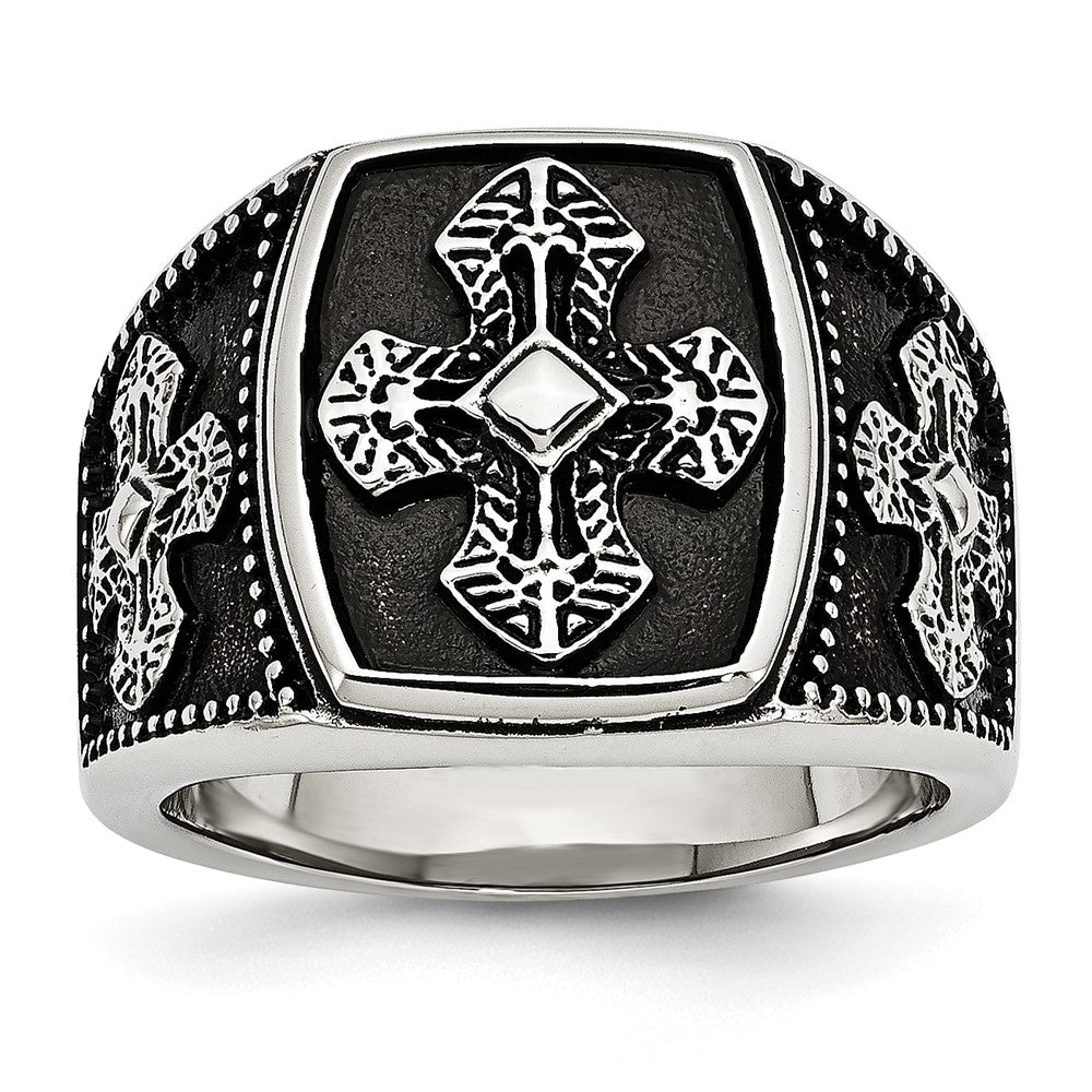 Chisel Stainless Steel Antiqued Polished and Textured Cross Ring, Size 10, 19.19 g