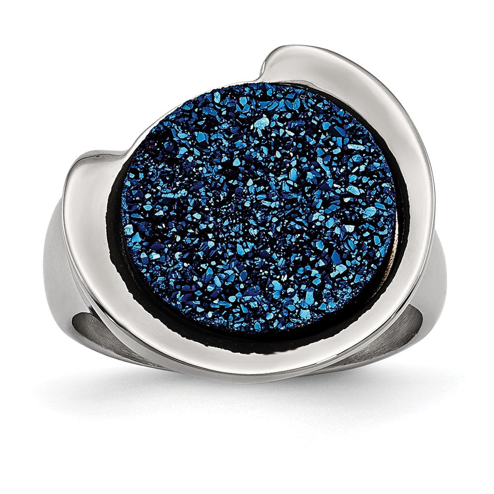 Stainless Steel Polished with Blue Druzy Stone Ring, Size 6