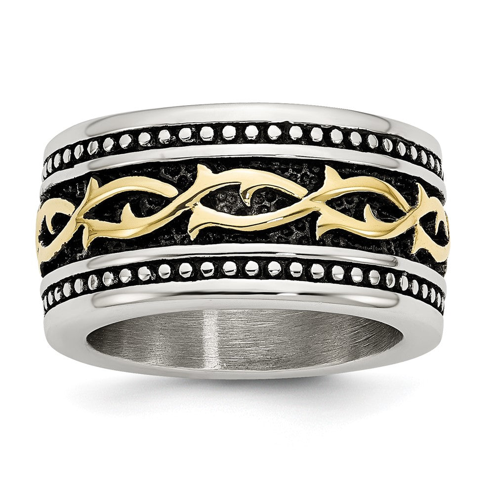 Stainless Steel Antiqued and Polished Yellow IP-plated 13.25mm Band, Size 9, 13.25 mm