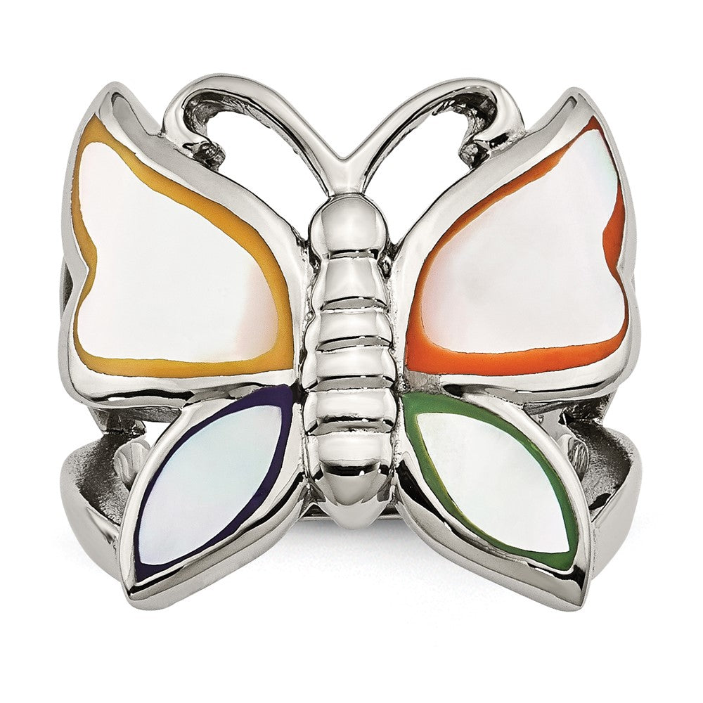 Stainless Steel Polished and Enameled Shell Butterfly Ring, Size 9